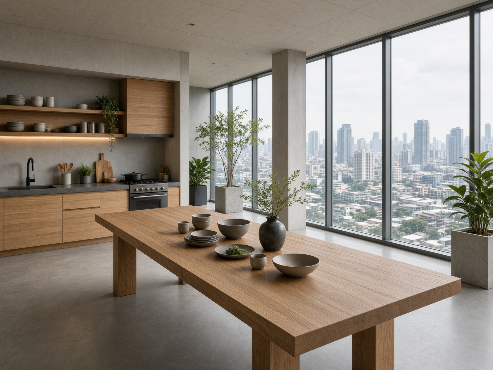 High-floor kitchen with a long oak table and a city view