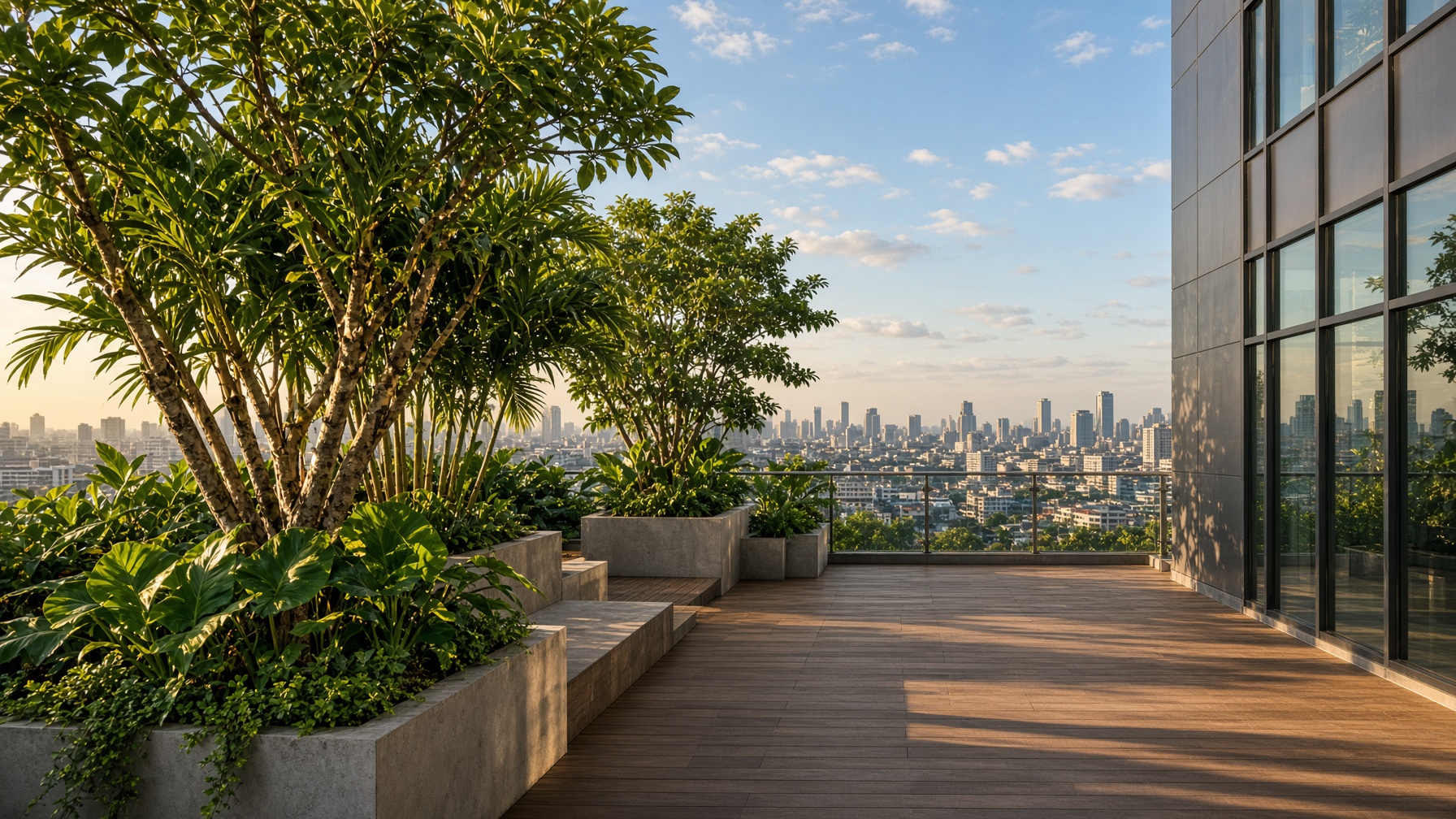 Sky terrace on a Quezon City high-rise, with planters, deck, and the city skyline