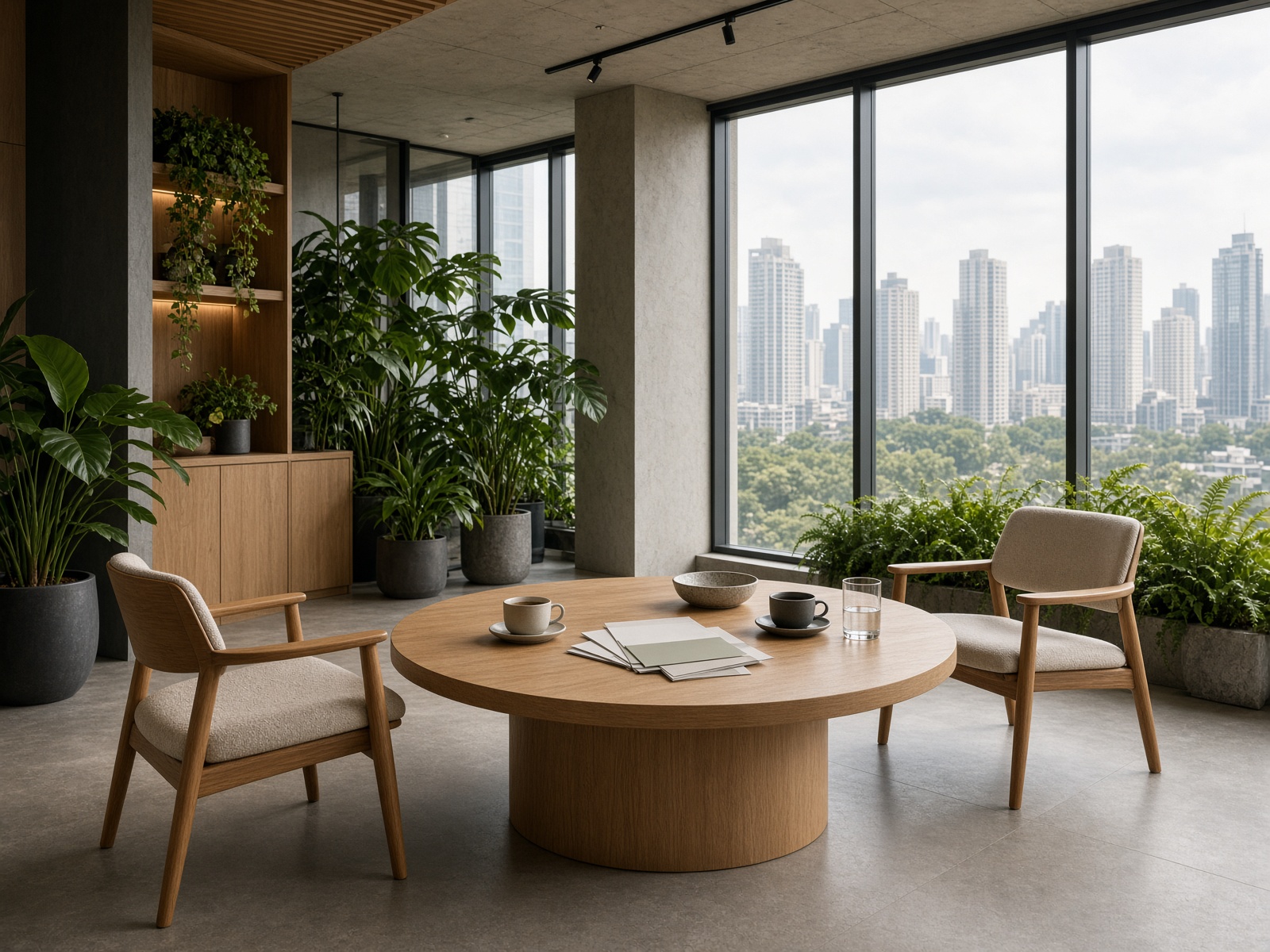 Plant-filled meeting room on a high floor with a low oak table and two chairs